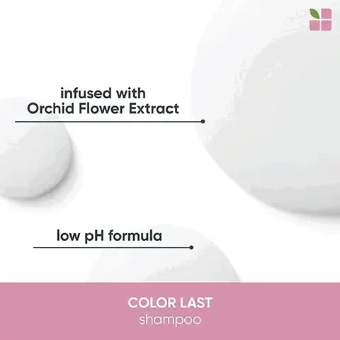image 1, infused with Orchid Flower Extract low pH formula COLOR LAST shampoo. image 2, colour last shampoo. vegan formula. cruelty free international. 95% recycled bottle excluding cap. no animal derived ingredients.