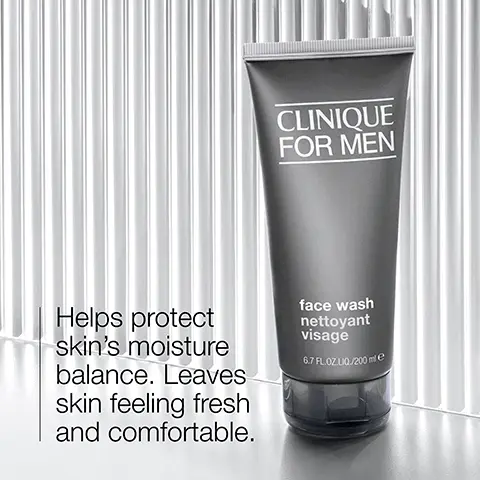 Image 1 - A gray tube of Clinique for Men face wash is displayed against a textured background with vertical lines, accompanied by text that reads: Helps protect skin’s moisture balance. Leaves skin feeling fresh and comfortable. 6.7 FL OZ / 200 mL.
              Image 2 - An overhead view of two white plates, one displaying chunks of sucrose next to small droplets, and the other showing slices of aloe vera alongside green outer leaves, with the words Sucrose and Aloe vera labeled below each plate.
              Image 3 - An image of frothy bubbles on a light background with the words cleanse and refresh positioned beneath icons representing cleanliness and renewal.
              Image 4 - A list on a gray background indicating items that the product is free of, including fragrance, gluten, and oil, each marked with an X.