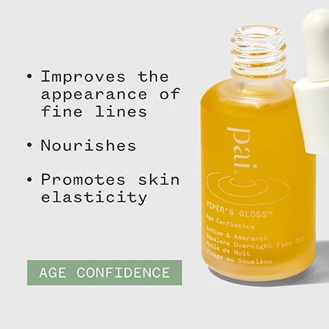 Image 1 - A yellow bottle of Viper’s Gloss serum is displayed next to bullet points stating it improves the appearance of fine lines, nourishes, and promotes skin elasticity, with the text AGE CONFIDENCE at the bottom.
              Image 2 - A close-up of a bottle of skincare oil with yellow liquid, accompanied by a star rating of five stars, a testimonial that reads My ageing skin feels softer, smoother and plumper every time I use it, the name Ewan K, and icons for organic and vegan certifications along with a B Corporation logo.