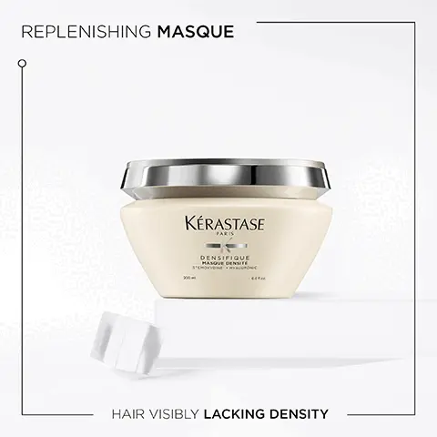 Image 1, Replenishing Masque, hair visibly lacking density. Image 2, Densifique. Infused with hyaluronic acid and intra-cylane and helps to give instant, long-lasting fullness and bounce. Image 3, Hyaluronic acid, intra-clylane and stemoxydine ingredients. Image 4, Densifique, Hovig Etoyan/global professional ambassador- Many of us worry about having fine or thinning hair. Densifique enriched with stemoxydine and intracylane. The range helps to awaken dormant follicles for hair that appears thicker and fuller