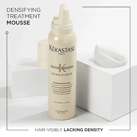 Image 1, Densifying treatment mousse, hair visibly lacking density. Image 2, Denifique. Infused with hyaluronic acid and intra-cylane and helps to give instant, long-lasting fullness and bounce. Image 3, Hyaluronic acid, intra-clylane and stemoxydine ingredients. Image 4, Densifique, Hovig Etoyan/global professional ambassador- Many of us worry about having fine or thinning hair. Densifique enriched with stemoxydine and intracylane. The range helps to awaken dormant follicles for hair that appears thicker and fuller