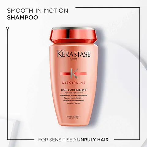 Image 1, Smooth in motion shampoo, for sensitised unruly hair. Image 2, Discipline. Pro-keratin products smooth and tame unruly hair, anti-frizz benefits and fluidity, movement and shine. Image 3, Surface protectors and morpho-keratin ingredients. Image 4, Discipline, Hovig Etoyan/global professional ambassador- When my clients ask for a range to help make their hair more manageable. My answer is always the same: Discipline. It gently coats the hair fibre and helps provide supple hair that moves with you