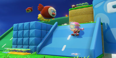 Captain Toad sliding down ramp
