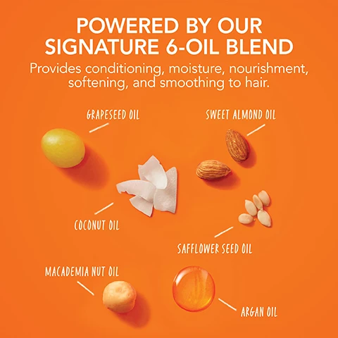 Image 1 - Image of a vibrant orange background featuring various ingredients such as grape seed, sweet almond, coconut, macadamia nut, safflower seed, and argan oils arranged in a visually appealing way, with text that reads powered by our signature 6-oil blend provides conditioning, moisture, nourishment, softening, and smoothing to hair.
              Image 2 - An image of two hair care products, a bottle of shampoo and a tube of conditioner, both covered in bubbles, with icons above representing hydrate, shine, de-frizz, soften, and detangle; visible text includes Bumble and bumble, Bb. Hairdressers Invisible Oil Shampoo and Conditioner with descriptions of their benefits.