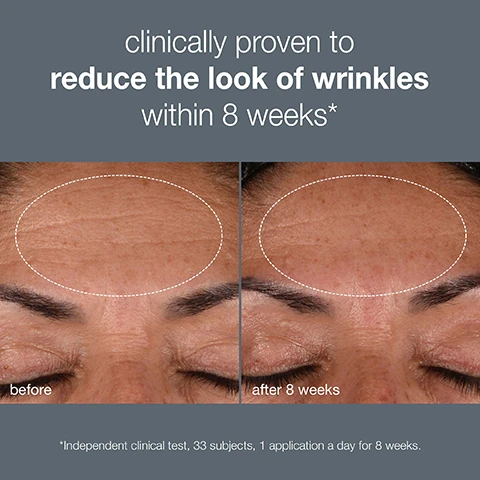 clinically proven to reduce the look of wrinkles within 8 weeks. before and after 8 weeks. independent clinical test 33 subjects 1 application a day for 8 weeks.