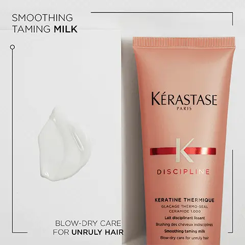 Image 1, Smoothing taming milk, blow dry care for unruly hair. Image 2, Discipline. Pro-keratin products smooth and tame unruly hair, anti-frizz benefits and fluidity, movement and shine. Image 3, Surface protectors and morpho-keratin ingredients. Image 4, Discipline, Hovig Etoyan/global professional ambassador- When my clients ask for a range to help make their hair more manageable. My answer is always the same: Discipline. It gently coats the hair fibre and helps provide supple hair that moves with you