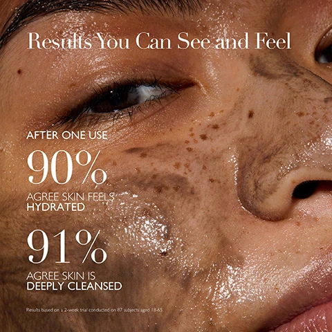 Image 1 - Close-up of a persons face showing skin with a wet, exfoliating product applied, with text stating Results You Can See and Feel, After one use, 90% agree skin feels hydrated, 91% agree skin is deeply cleansed, and tiny print at the bottom indicating results based on a trial with 87 subjects aged 18-65.
              Image 2 - Image shows a turquoise background with three ingredient descriptions: Hungarian Moor Mud, Squalane, and Plum Almond and Apricot Kernel Oils, each accompanied by circular images of the ingredients, along with a footer text that reads Powered by The Healing Concentrate™.