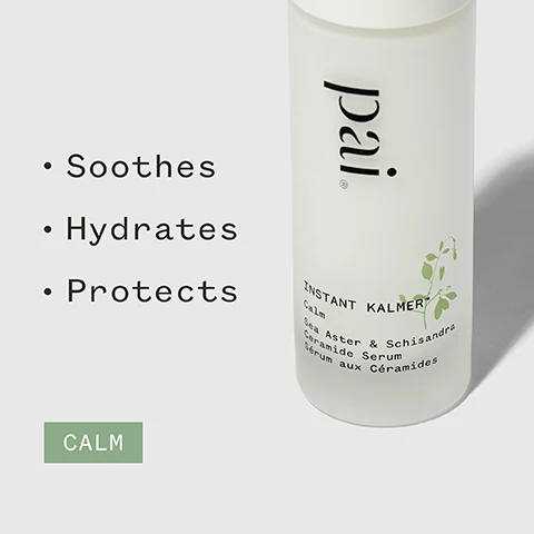Image 1 - A white bottle of skincare serum labeled Pai Instant Kalmer, featuring text that states it soothes, hydrates, and protects, with additional information about calming ingredients like sea aster and schisandra.
              Image 2 - A hand holding a pump bottle of skincare product with a neutral background shows text stating 84% said skin felt calmer and includes certification logos for Soil Association Organic, Vegan, and Certified B Corporation, along with a note about a consumer trial.