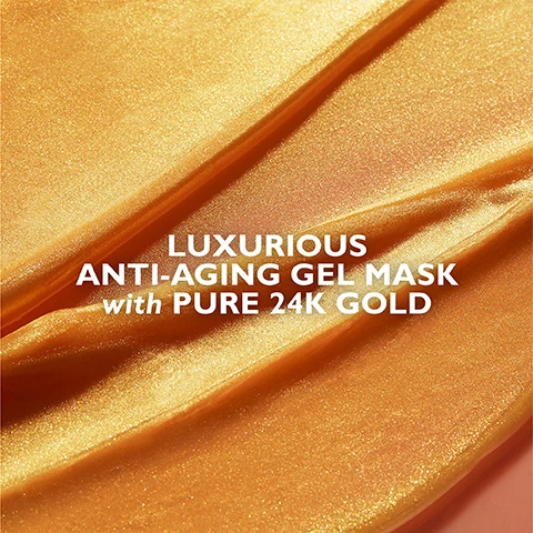 Image 1 - Shimmering gold gel texture with text LUXURIOUS ANTI-AGING GEL MASK with PURE 24K GOLD. Image 2 - An open jar and swatch of golden shimmery skincare product with its lid PETERTHOMASROTH 24K GOLD helps firm and brighten the look of skin PERIDOT an exquisite gemstone rich in magnesium that helps re-energize the look of aging skin CAFFEINE helps tone and tighten skins appearance. Image 3 - A photo of a persons face with gold skincare product on their cheek and the text Helps lift and firm the look of skin Reduces the aging effects of stress Leaves skin with an opulent glow.