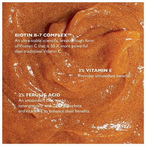 Image 1 - A close-up image of a thick, orange-brown paste with text overlay describing three ingredients: Biotin B-7 Complex, 3% Vitamin E, and 2% Ferulic Acid, along with their benefits.