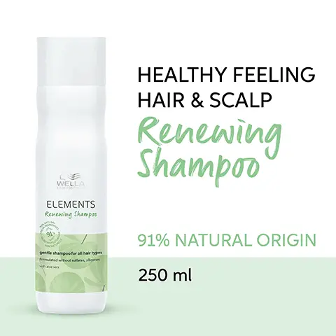 Image 1, Healthy feeling hair and scalp, renewing shampoo that is 91% natural origin, 250ml. Image 2, Renewing ingredients contains vitamin E, Cotton based and aloe vera. Image 3, Up to 30% smoother hair.