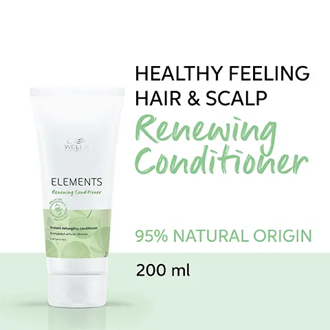 Image 1, Healthy feeling hair and scalp, renewing conditioner that is 95% natural origin, 250ml. Image 2, Renewing ingredients contains vitamin E, olive essence and aloe vera. Image 3, renewing hair for smoothness and shine