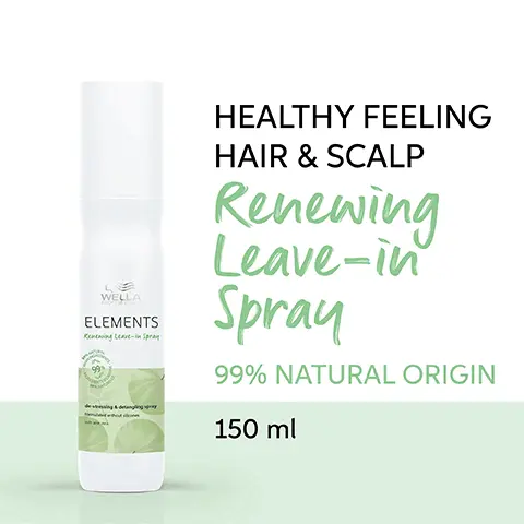 Image 1, Healthy feeling hair and scalp, renewing leave-in spray that is 99% natural origin, 150ml. Image 2, Renewing ingredients contains vitamin E, olive essence and aloe vera. Image 3, Up to 99% less breakage after 1 use