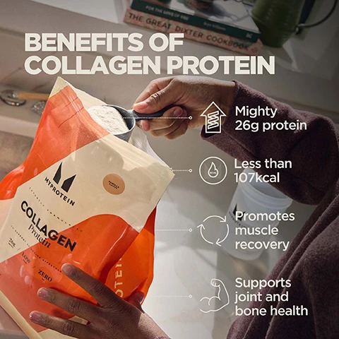Image 1 - A hand scoops Myprotein Vanilla Flavour Collagen Protein powder from a bag, with text presenting the BENEFITS OF COLLAGEN PROTEIN, including Mighty 26g protein, Less than 107kcal, Promotes muscle recovery, and Supports joint and bone health, and the bag shows Myprotein Collagen Protein, 26g Protein, Low Sugar, Zero Fat. Image 2 - A woman holds a protein shaker bottle next to a Myprotein Collagen Protein pouch on a counter, with text stating UKS NO. 1 SPORTS NUTRITION BRAND, Consistency, quality, and over 20 years of getting it right, Backed by Euromonitor, the global authority on market data, Myprotein, Collagen Protein, Vanilla, 20g, Low, Zero, and Source Euromonitor International Limited; Consumer Health 2025 edition, retail value sales (RSP), all retail channels, 2024 data.