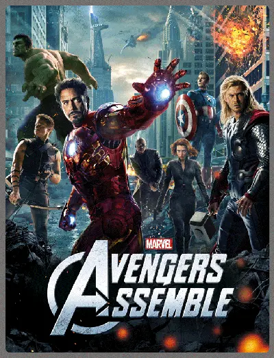 moving poster of the avengers in New York City during battle. The postetr shifts left to right in a 3 dimensional fashion