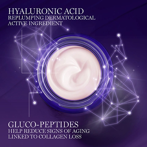 Image 1 - An open jar of pink skincare cream on a dark purple background with glowing network lines, accompanied by text that reads HYALURONIC ACID REPLUMPING DERMATOLOGICAL ACTIVE INGREDIENT and GLUCO-PEPTIDES HELP REDUCE SIGNS OF AGING LINKED TO COLLAGEN LOSS. Image 2 - A round purple cosmetic jar with a silver base and the Lancôme rose logo on the lid, set against a dark purple background, advertising +44% TONICITY IN 4 HOURS* and A VISIBLE CORRECTION: 3 WRINKLES IN 2 WEEKS FOREHEAD - CROWS FEET - NECK*, with a small disclaimer *Self-assessment, 49 women. Image 3 - A dark purple and silver jar of Lancôme Renergie Multi-Lift Nuit night cream sits on a white pedestal against a blurred purple and white floral background, with accompanying text: LIFTING - FIRMING - ANTI-WRINKLE OUR #1 NIGHT CREAM IN THE U.K* LANCÔME RÉNERGIE MULTI-LIFT NUIT CRÈME NUIT FERMETÉ - ANTI-RIDES - CONTOURS FIRMING - ANTI-WRINKLE - CONTOURS NIGHT CREAM *CIRCANA RESULTS 2023. Image 4 - The image shows three purple and silver Lancôme skincare products: a tall bottle labeled STEP 1. SERUM, Lancôme Rénergie H.C.F. Triple Serum; a small open jar labeled STEP 2. EYE CREAM, Lancôme Rénergie Yeux Multi-Lift Ultra; and a larger jar labeled STEP 3. NIGHT CREAM, Lancôme Rénergie Multi-Lift Nuit Crème Nuit Fermeté - Anti-Rides - Contours Lifting - Anti-Wrinkle - Contours Night Cream, all presented under the text 3 STEPS FOR YOUNGER-LOOKING SKIN. Image 5 - The image shows an old and a new purple and silver jar of Lancôme Renergie night cream side-by-side, with visible text SAME TRUSTED FORMULA, LANCOME RÉNERGIE NUIT MULTI-LIFT CRÈME NUIT VISAGE & COU - FACE & NECK, OLD, LANCOME RÉNERGIE MULTI-LIFT NUIT CRÈME NUIT FERMETÉ - ANTI-RIDES - CONTOURS FIRMING - ANTI-WRINKLE - CONTOURS NIGHT CREAM, NEW, NEW LOOK, PACKAGING MAY VARY BASED ON SIZE.