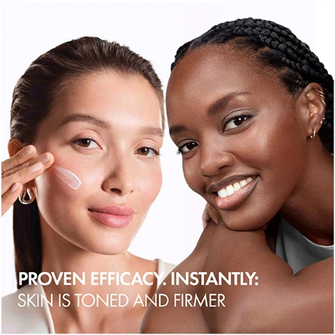 Image 1 - Two smiling women, one with long brown hair and the other with braided black hair, are shown with skincare products; visible text reads PROVEN EFFICACY: INSTANTLY: SKIN IS TONED AND FIRMER.
              Image 2 - Image showing two cream jars side by side; on the left is labeled BEFORE with the text VICHY LIFTACTIV H.A. ANTI-WRINKLE FIRING CREAM, and on the right is labeled AFTER with the text VICHY HYALURONIC SPECIALIST H.A. DAY above an arrow pointing from the left jar to the right.
              Image 3 - Image shows two close-up sections with bubbles; the top left section is labeled PURE HYALURONIC ACID, the top right is labeled VITAMIN CG, and the bottom section has the text FORMULA SMOOTHS THE APPEARANCE OF WRINKLES AND FINE LINES.
              Image 4 - Image shows four skincare products from Vichy arranged on a counter, labeled as follows: Step 1: Serum, Step 2: Eye Care, Step 3: Day Cream, Step 4: Sunscreen, with the text COMPLETE YOUR ANTI-WRINKLE ROUTINE at the top.