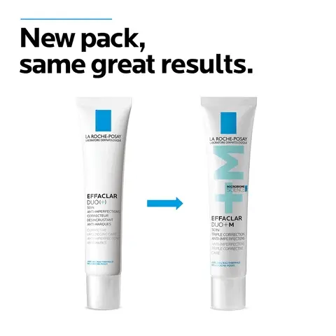Image 1, New pack, same great results. LA ROCHE-POSAY LA ROCHE-POSAY SLENE EFFACLAR DUOH) ANTIMPERFECTIONS ослествия CENCRUSTANT MARQUES NOCGING CAME EFFACLAR DUO+M SON TRIPLE CORRECTION ANTHIMPERFECTOL AND PERFECTO TAPLE CORRECTM CARE Image 2, LA ROCHE-POSAY LABORATOIRE DORPATOLOGIQUE 23 LA ROCHE-POSAY EFFACLAR CELMOUSSANT PUNT EFFACLAR DUO+M LA ROCHE-POSAY LABORATORE DERMATOLOGIQUE ANTHELIOS. UVMUNE 400 50+ OIL CONTROL FLUIDE/FLUID ULTRA LONG-UVA PROTECTION EFFACLAR PURIFYING FOAMING GEL EFFACLAR DUO+M ANTHELIOS OIL CONTROL Image 3, M M EFFACLAR DUO+M NOW 8H VISIBLE RESULTS. OUR FASTEST ANTI-BLEMISH ACTION. UNCLOGS PORES TO HELP PREVENT SPOTS. *Consumer test, 54 subjects, after one application