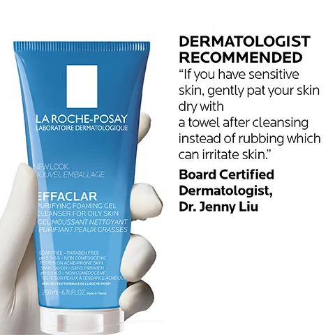 Image 1, dermatologist recommended by board certified dermatologist dr jenyy liu - if you have sensitive skin gently pat your skin dry with a towel after cleansing instead of rubbing which can irritate. image 2, zinc pidolaye. gently cleanses impurities while respecting skin's ph balance. refreshing foaming gel texture. image 3, dermatologist tested, allergy tested, oil free and non comedogenic, fragrance. recommended by 90,000 dermatologists worldwide.