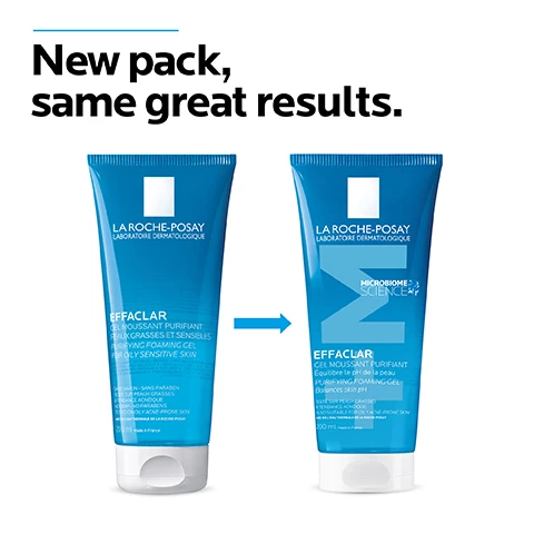 Image 1, new pack same great results. image 2, removes impurities and excess sebum, gently lifts dirt and grime away from the skin. reduces the visibility of blackheads. image 3, non drying refreshing cleansing gel.