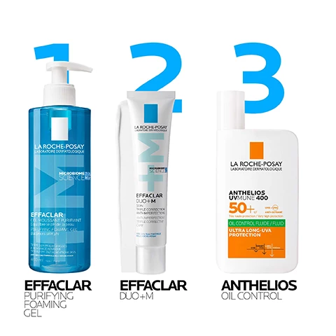 Image 1, 1 = effaclar purifying foaming gel. 2 = effaclar duo+M. 3 = anthelois oil control. image 2, non greasy, also suitable for acne prone skin and severe imperfections. gel cream texture mattifying and hydrating. image 3, phylo-bioma active targets over production of sebum soothes and corrects anti imperfections. niacinamide helps fade appearance of dark marks and pigmentation. procerad exclusive and patented anti-marks ceramide helps protect against appearance pink/brown marks.