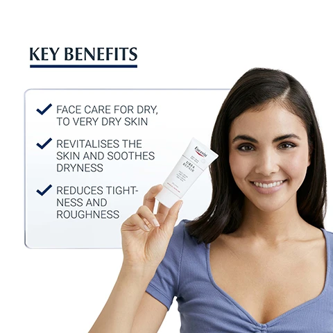 Image 1, key benefits - face care for dry to very dry skin. revitalises the skin and soothes dryness. reduces tightness and roughness. image 2, dry to very dry skin. for face. at night. image 3, clinically proven results. increases skin moisture after 1 week. in vivo test amoung 24 people with healthy skin. image 4, key ingredients = UREA - improves skin hydration and makes the skin smoother. lactace = helps retain moisture in the skin. ceramides - strengthen skin's barrier and prevent moisture loss. image 5, discover more - shower foam, 10% lotion, hand cream