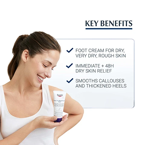 image 1, key benefits - foot cream for dry, very dry and rough skin. immediate and 48 hour dry skin relief. smooths callouses and thickened heels. image 2, dry to very dry skin. intense hydration. for feet. image 3, consuemrs confirm - reduces skin scaliness and smoothes the skin. claim support study, 44 women aged 22-65 years with very dry body skin, application of the foot cream 2 times per day for 2 weeks. image 4, key ingredients = UREA - improves skin hydration and makes the skin smoother. natural moisturising factors (NMF) - bind moisture to the skin, preventing it from drying out. ceramides - strengthen skin's barrier and prevent moisture loss. image 5, discover more - shower foam, 10% lotion, hand cream