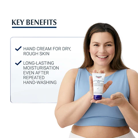Image 1, key benefits = hand cream for dry, rough skin. long lasting moisturisation even after repeated hand washing. image 2, dry to very dry skin. moisturising. for hands. image 3, clinically proven results - reduction of skin dryness and roughness. clinical grading and corneometer measurements. image 4, key ingredients = UREA - improves skin hydration and makes the skin smoother. natural moisturising factors (NMF) - bind moisture to the skin, preventing it from drying out. ceramides - strengthen skin's barrier and prevent moisture loss. image 5, discover more - shower foam, 10% lotion, foot cream