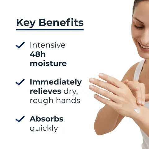 Image 1 - A woman is applying lotion to her hands with a smile, and the image includes text listing key benefits: Intensive 48h moisture, Immediately relieves dry, rough hands, Absorbs quickly.
              Image 2 - A hand holding a tube of Eucerin Urea Repair hand cream with text on the right that reads Dry, rough skin, Moisturising, and For hands.
              Image 3 - A close-up of a smooth, white cream with text labeling its ingredients, including 5% Urea, Ceramides, and Natural Moisturisers.
              Image 4 - Image features a blue background with the text Clinically proven, Reduction of skin dryness and roughness, and a note about clinical grading and instrumental measurements.
              Image 5 - Image shows three personal care products from Eucerin: a shower gel labeled as SHOWER GEL, a lotion labeled 10% LOTION, and a hand cream labeled HAND CREAM, with the heading Recommended Routine at the top.