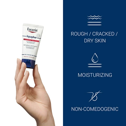 Image 1, rough, cracked and dry skin. moisturising. non-comedogenic. image 2, clinically proven results. 93% of experts and 91% of patients/consumers confirm good or very good improvement of skin condition. 831 patients, eposter P1089, EADV virtual, 2020 real world evidence, eastern europe 2020. 2 weeks of application, damaged dry skin patients after 2 weeks of treatment. image 3, discover more - healing ointment and spray.