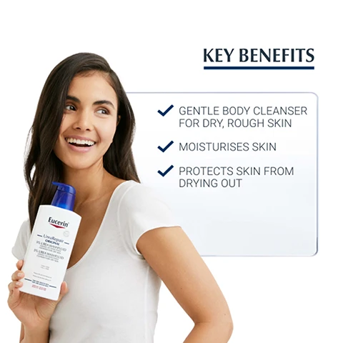 image 1, key benefits = gentle body cleanser for dry, rough skin. moisturises skin. protects skin from drying out. image 2, dry very dry skin. cleansing. for body and face. image 3, clinically proven results - dryness, scaling, redness and itch are relieved. 971 patients with dry skin conditions, assessment of efficacy, dryness, scaling itch, redness, TOL erability and skin caring effects after 2 and 4 weeks treatment. image 3, key ingredients. key ingredients = UREA - improves skin hydration and makes the skin smoother. natural moisturising factors (NMF) - bind moisture to the skin, preventing it from drying out.image 5, discover more - shower foam, 10% lotion, hand cream