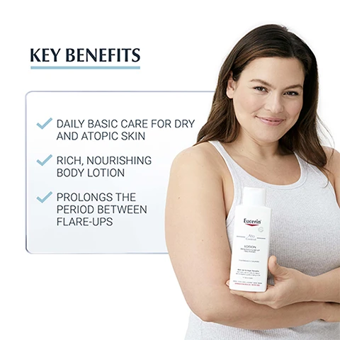 Image 1, key benefits = daily basic care for dry and atopic skin. rich nourishing body lotion. prolongs the period between flare ups. image 2, soothing. dry, very dry and atopic skin. suitable for babies. image 3, clinically proven results, 60% less relapse rates. image 4, discover more - bath and shower oil, face cream, body lotion.