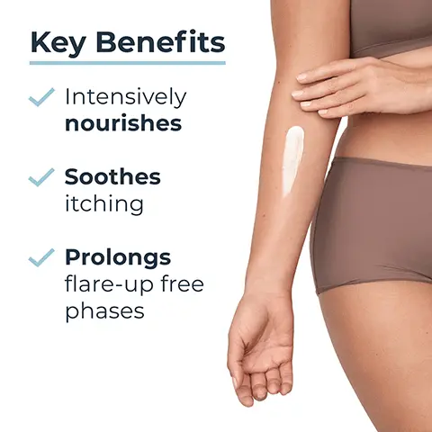 Image 1 - A close-up of a womans arm showing a cream being applied, with text on the side listing key benefits: intensively nourishes, soothes itching, prolongs flare-up free phases.
              Image 2 - A person is holding a bottle of Eucerin AtopiControl rich calming lotion, with additional text on the right side stating Itchy, very dry to atopic skin, Calming, and Suitable for babies.
              Image 3 - A creamy white cosmetic cream smeared on a surface, with text labels indicating Natural Omega Oils (Evening Primrose & Grape Seed), Ceramides, and Licochalcone A.
              Image 4 - A light blue background with a bright gradient features the text Clinically proven* 60% less relapse rates in bold, large font at the center.
              Image 5 - Image shows three Eucerin Atopic Control products labeled as steps in a skincare routine: a bottle of shower oil on the left, a bottle of rich lotion in the middle, and a tube of face cream on the right, with the text Recommended Routine above and numbers 1, 2, 3 indicating the order.