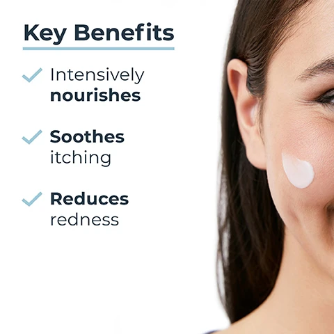 Image 1 - A woman smiles with a cream applied to her cheek, accompanied by text that lists the key benefits: intensively nourishes, soothes itching, and reduces redness.
              Image 2 - A hand holds a tube of Eucerin AtopiControl calming face cream with text stating Itchy, very dry to atopic skin, Calming, and Suitable for babies.
              Image 3 - Image shows a creamy drop of product with labels pointing to Natural Omega Oils (Evening Primrose & Grape Seed), Ceramides, and Licocalchone A.
              Image 4 - The image features a light blue background with rays of light, stating Clinically proven*, 88% of patients confirm effectively fights signs of redness, and includes a footnote about a product in use study.
              Image 5 - Image shows three Eucerin AtoControl products: a bottle of calming shower oil, a tube of calming balm, and a tube of calming face cream, with text that reads Recommended Routine and numbers 1, 2, 3.