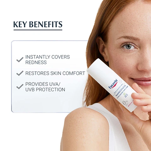 Image 1, key benefits. instantly covers redness. restores skin comfort. provides UVA/UVB protection. image 2, anti-redness. sensitive skin. tinted. image 3, proven results. week 0 before, week 4 after. clinical study with 55 women with sensitive to very sensitive skin, partly with rosacea and couperosis, 4 weeks of regular use. individual results may vary. image 4, discover more - lotion, sensitive and anti-redness.