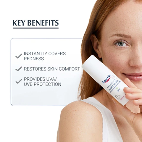 Image 1 - A smiling woman with light skin and red hair holds a white bottle of Eucerin product in front of her face, with text on the side listing key benefits: instantly covers redness, restores skin comfort, provides UVA/UVB protection.
              Image 2 - A hand holds a Eucerin AntiREDNESS concealing day care product, with text on the side indicating it is suitable for anti-redness, sensitive skin, and is tinted.
              Image 3 - Image shows side-by-side comparison of skin before and after treatment, with the left labeled WEEK 0 BEFORE and the right labeled WEEK 4 AFTER, under the heading PROVEN RESULTS.
              Image 4 - Image of three Eucerin skincare products with labels reading Ultra SENSITIVE Cleansing Lotion, UltraSENSITIVE Soothing Care, and AntiREDNESS Concealing Day Cream, with the text DISCOVER MORE at the top.
              Image 5 - Image shows a light green cream or lotion with labels indicating key ingredients: SYMSITIVE: Acts as a sensitivity regulator at the source of hyperactivity, LICOCHALCONE A: Effectively reduces redness and soothes irritation, and GREEN CONCEALING PIGMENTS: Instantly counteract redness.