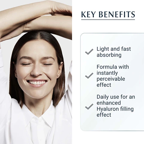 Image 1, key benefits. light and fast absorbing. formula with instantly perceivable effect. daily use for an enhanced hyaluron filling effect. image 2, how to use. shake the vial thoroughly before opening and apply a small amount using your fingertips. for all skin types. image 3, 3 times effect formula. 1 = fill - short and long chained hyaluronic acid moisturises the skin and effectively plumps up wrinkles. 2 = stimulate - the antioxidant saponin stimulates skin's own hyaluronic acid production by up to 356%. 3 = defend - new enoxolone decreases the degradation rate of hyaluronic acid by more than 50%. image 4, 98% confirm - prevents the deepening of wrinkles. product in use study with 360 women, results after 4 weeks of application. image 5, key ingredients. hyaluronic acid - refines first lines. enoxolone - decreases the degeneration rate of hyaluronic acid. saponin - stimulates hyaluronic acid production. image 6, recommended routine. 1 = special care hyaluron-filler concentrate. 2 = special treatment hyalyron filler day SPF 15. night care hyaluron filler night