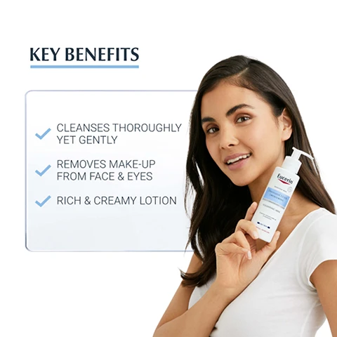 Image 1, key benefits. cleanses thoroughly yet gently. removes makeup from face and eyes. rich and creamy lotion. image 2, dry skin, removes makeup, fragrance free. image 3, clinically proven results, 90% showed increase in skin moisture. corneometer measurement with 29 volunteers, 1 week of regular use, compared to base line. image 4, key ingredients. hyaluronic acid = helps skin to maintain its natural moisture balance without drying. APG complex - extra mild cleansing complex. image 5, recommended routine. 1 = milk, 2 = toner, 3 = day.
