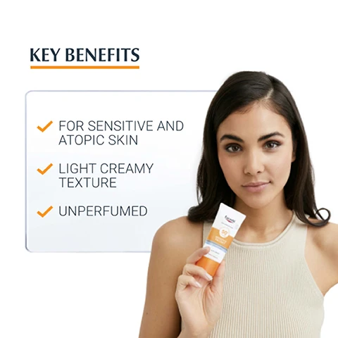 Image 1 - A young woman with dark hair holds a sunscreen tube while looking at the camera, with text nearby outlining key benefits that include for sensitive and atopic skin, light creamy texture, and unperfumed.
              Image 2 - A hand holding a tube of Eucerin sunscreen with visible text indicating it is for sensitive skin, suitable for face and atopic skin, with a light creamy texture.
              Image 3 - A graphic with an orange section displaying the text CLINICALLY PROVEN RESULTS and below it, VERY GOOD SKIN TOLERABILITY ON SENSITIVE SKIN, AND ECZEMA-PRONE SKIN.
              Image 4 - An image featuring a creamy white texture with two labels highlighting key ingredients: Licocalcone A, described as neutralising free radicals, and Glycyrrhetinic Acid, noted for its DNA repair mechanism.
              Image 5 - Image shows three Eucerin sun care products: a left bottle labeled Eucerin Sun Body Spray SPF 50, a middle tube labeled Eucerin Sun Body SPF 50 with Sensitive Protect, and a right tube labeled Eucerin After Sun Sensitive Relief, with the text DISCOVER MORE at the top.