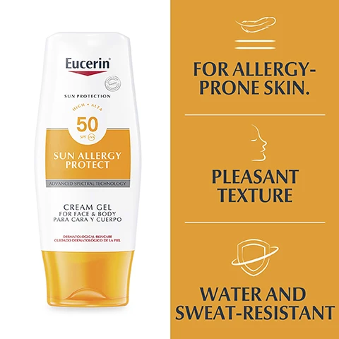 Image 1 - Bottle of Eucerin sun allergy protection cream gel labeled with SPF 50, features include for allergy-prone skin, pleasant texture, and water and sweat-resistant.
              Image 2 - A creamy, off-white substance is spread in a streak with labels pointing to Licorice A and Alpha-Glycosylrutin.