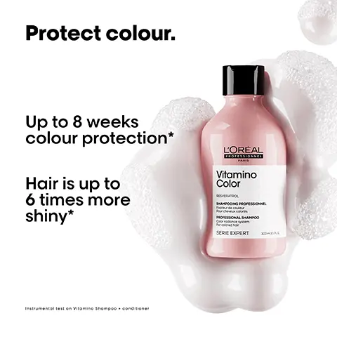 Image 1, Protect colour. Up to 8 weeks colour protection* Hair is up to 6 times more shiny* L'OREAL PROFESSIONNEL PARIS Vitamino Color SHAMPOOING PROFESSIONNE PROFESSIONAL SHA Instrumental test on Vitamino Shompoo conditioner SERIE EXPERT Image 2, Before After Not retouched Image 3, THE TECH Resveratrol. Protect your color. Inside the fibre Anti-oxydant to nourish and protect the hair follicles. Image 4, Apply a bottle cap-sized amount of shampoo. Image 5, How to apply like a Pro. 01 Apply the professional shampoo on wet hair. 02 Lather until a rich foam is obtained. 03 Rinse thoroughly. Repeat shampoo for a professional result. Combined with Vitamino Color Conditioner or Mask and multi- benefit leave in treatment. Image 6, << This shampoo is perfect for my coloured hair. It allows me to prolong my hair colouration.
