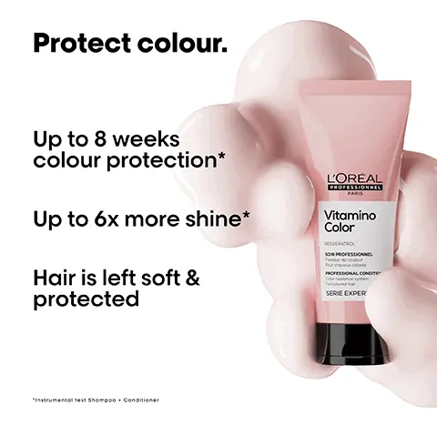 Image 1, Protect colour. Up to 8 weeks colour protection* Up to 6x more shine* Hair is left soft & protected L'ORÉAL PROFESSIONNEL PARIS Vitamino Color RESVERATROL SON PROFESSIONNEL Feur de couleur PROFESSIONAL CONDITIO SERIE EXPER "Instrumental test Shompoo Conditioner Image 2, Before After Not retouched Image 3, A colour protection professional routine. L'ORÉAL PROFESSIONNEL Vitamino Color RESVERATROL SHAMPOONG PROFESSIONNEL PROFESSIONAL SHAMPOO SERIE EXPERT XOGALE L'OREAL L'ORÉAL PROFESSI Vitamino Color Vitamino Color SERE EXPERT SERIE EXPERT 01 02 Cleanse. Hydrate. 03 Protect. Image 4, Apply 1 circle of the cap-size. Image 5, How to apply like a Pro. 01 For optimal results, use after the Vitamino Color shampoo. Apply evenly on towel-dried hair. 02 Comb through. 03 Rinse throroughly. Completed your routine with the Vitamino Color multi-benefit leave in treatment. Image 6, << This conditioner is perfect for my coloured hair. It prolongs my hair colouration.