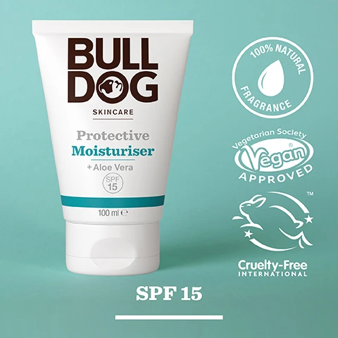 Image 2 - A tube of Bulldog Skincare Protective Moisturiser with Aloe Vera, featuring visible labels for SPF 15, vegan approval, and cruelty-free certification.
              Image 3 - Close-up of an aloe vera leaf with droplets of water, featuring text that reads Hydrates & Protects, Unlock the true potential of natural origin ingredients, Aloe Vera.
              Image 4 - A tube of Bulldog Skincare Protective Moisturiser is displayed against a light background, with visible text indicating it contains aloe vera and has SPF 15, and is suitable for normal to dry skin.
              Image 5 - A tube of Bulldog Skincare Protective Moisturiser with Aloe Vera on a black surface, featuring visible text that reads Bulldog Skincare, Protective Moisturiser, SPF 15, 100 ml, and an icon indicating the tube is made of recycled materials.