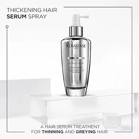 Image 1, Thickening hair serum spray, a hair serum treatment for thinning and greying hair. Image 2, Denifique. Infused with hyaluronic acid and intra-cylane and helps to give instant, long-lasting fullness and bounce. Image 3, Hyaluronic acid, intra-clylane and stemoxydine ingredients. Image 4, Densifique, Hovig Etoyan/global professional ambassador- Many of us worry about having fine or thinning hair. Densifique enriched with stemoxydine and intracylane. The range helps to awaken dormant follicles for hair that appears thicker and fuller