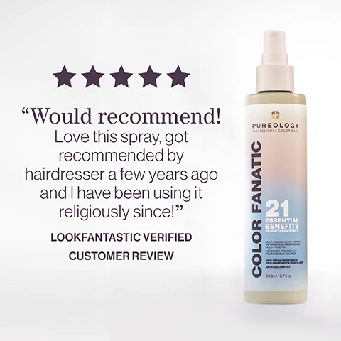 Image 1, lookfantastic verified customer review - would recommend love this spray, got recommended by hairdresser a few years ago and i have been using it religiously ever since. image 2, neil moodie - pureologu UKI ambassador says - pro favourite. i use this on every client as it detangles and primes the hair for styling, plus it protects from heat. the end results leaves the hair soft and looking shiny. image 3, benefit = detangles, moisturises, heat protects, smooths frizz and adds shine. image 4, olive oil, camelina seed oil, xylose, coconut oil.