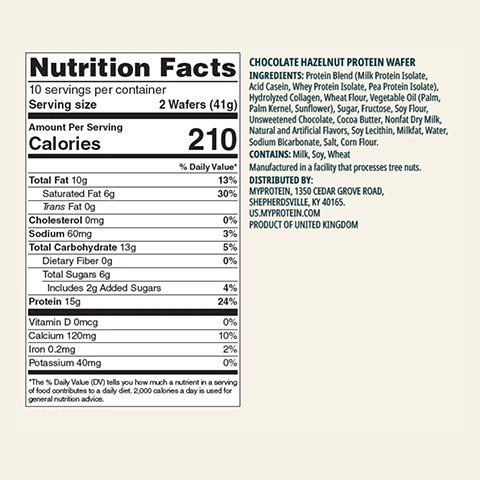 Image 2 - A white product label shows Nutrition Facts information and product details, including the text: Nutrition Facts, 10 servings per container, Serving size 2 Wafers (41g), Amount Per Serving Calories 210, % Daily Value*, Total Fat 10g 13%, Saturated Fat 6g 30%, Trans Fat 0g, Cholesterol 0mg 0%, Sodium 60mg 3%, Total Carbohydrate 13g 5%, Dietary Fiber 0g 0%, Total Sugars 6g, Includes 2g Added Sugars 4%, Protein 15g 24%, Vitamin D 0mcg 0%, Calcium 120mg 10%, Iron 0.2mg 2%, Potassium 40mg 0%, *The % Daily Value (DV) tells you how much a nutrient in a serving of food contributes to a daily diet. 2,000 calories a day is used for general nutrition advice, CHOCOLATE HAZELNUT PROTEIN WAFER, INGREDIENTS: Protein Blend (Milk Protein Isolate, Acid Casein, Whey Protein Isolate, Pea Protein Isolate), Hydrolyzed Collagen, Wheat Flour, Vegetable Oil (Palm, Palm Kernel, Sunflower), Sugar, Fructose, Soy Flour, Unsweetened Chocolate, Cocoa Butter, Nonfat Dry Milk, Natural and Artificial Flavors, Soy Lecithin, Milkfat, Water, Sodium Bicarbonate, Salt, Corn Flour, CONTAINS: Milk, Soy, Wheat, Manufactured in a facility that processes tree nuts, DISTRIBUTED BY: MYPROTEIN, 1350 CEDAR GROVE ROAD, SHEPHERDSVILLE, KY 40165, US.MYPROTEIN.COM, PRODUCT OF UNITED KINGDOM. Image 3 - The image shows two chocolate-drizzled crispy protein wafers, crumbs, and hazelnuts, next to text outlining benefits of crispy protein wafer: Mighty 15g protein, Low sugar, Supports muscle recovery. Image 4 - A close-up shows a person in a maroon hoodie holding a layered waffle snack with chocolate drizzle, with overlaying text that reads: 20 YEARS OF RELENTLESS REFINEMENT, Expertly crafted by nutritionists, Quality assured by independent testers, Formulas refined by real research, Produced at Myproteins outstanding facilities. Image 5 - A close-up of glossy brown chocolate hazelnut spread with smooth swirls and peaks, featuring the text DELICIOUS HAZELNUT FLAVOUR.