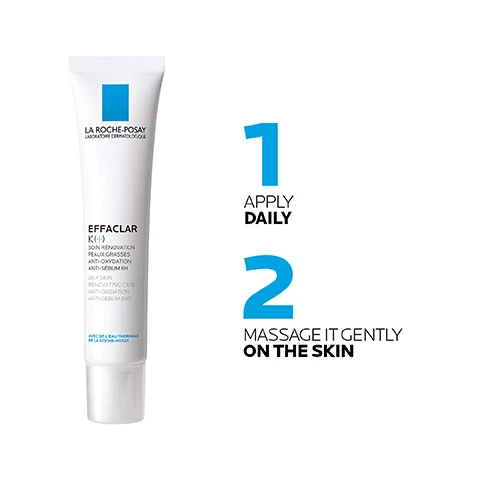 Image 1 - A tube of La Roche-Posay Effaclar K(+) skin renovation treatment for oily skin is displayed beside instructions that read: 1 APPLY DAILY 2 MASSAGE IT GENTLY ON THE SKIN.
              Image 2 - Image shows two sections highlighting key dermatological ingredients: on the left is an illustration of Salicylic Acid with the text SALICYLIC ACID, and on the right is an illustration of Carnosine & Vitamin E Complex with the text CARNOSINE & VITAMIN E COMPLEX, while at the bottom is the text KEY DERMATOLOGICAL INGREDIENTS.