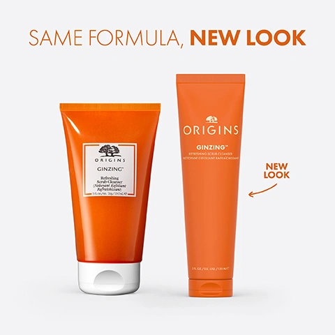 Image 1 - The image shows two orange tubes of Origins GinZing Refreshing Scrub Cleanser side-by-side, with the left tube featuring an older design with a white label and cap, and the right tube a newer, slimmer design with text printed directly on the tube and an orange cap and an arrow pointing to it, with visible text including SAME FORMULA, NEW LOOK, ORIGINS GINZING Refreshing Scrub Cleanser (Nettoyant Exfoliant Rafraîchissant) 5 fl. oz./150g/250 ml e, ORIGINS GINZING Refreshing Scrub Cleanser Nettoyant Exfoliant Rafraîchissant 5 FL. OZ. / 150 ML / 130 G e, and NEW LOOK. Image 2 - A close-up of a translucent white gel with yellow and white exfoliating particles, with the text WHAT IT DOES, Cleanses & gently exfoliates, Smooths and refines, Helps unclog pores. Image 3 - Close-up of several glistening, reddish-brown, textured spherical beads with text below that reads POWERED BY Jojoba Beads Help exfoliate skin. Image 4 - The image shows two stacked coffee beans on the left and multiple ginseng roots on the right, with the text Formulated With Caffeine from Coffee Beans + Panax Ginseng The signature combination in our glow-boosting GinZing collection. Image 5 - A persons face with closed eyes, smiling slightly, as they apply a foamy cleanser to their cheek with their hand, with text below that reads GREAT FOR Normal, oily and combination skin types.