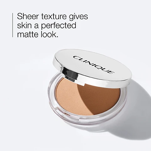 Image 1 - A compact of matte bronzer with a silver lid displaying the brand name CLINIQUE, accompanied by the text Sheer texture gives skin a perfected matte look.
              Image 2 - An image of a compact of Clinique powder surrounded by various shades of powder, with text indicating coverage as sheer, finish as matte, and skin type as dry combination to oily skin.