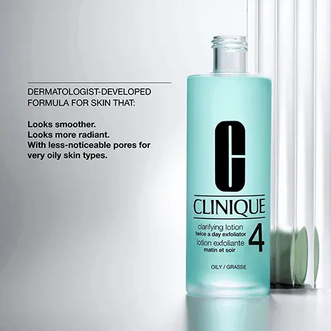 Image 1 - A turquoise bottle of Clinique clarifying lotion labeled as step 4 for oily skin types, featuring bold black text with descriptions including Looks smoother, Looks more radiant, and With less-noticeable pores for very oily skin types, against a bright background with soft shadows.
              Image 2 - Image shows a flat lay of salicylic acid in a white powder form next to witch hazel branches with yellow flowers on a white plate, accompanied by text that reads Salicylic acid helps clear and unclog pores and Witch hazel helps refine skin.
              Image 3 - A light blue cream texture is shown with icons indicating exfoliation and oil control next to the words exfoliate and oil control.
              Image 4 - A light blue background displays a table with the heading Free of, and two checked boxes indicating that the product is free of fragrance and oil.